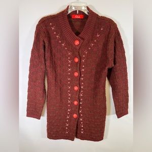 Vintage red cardigan w/ large buttons. No size, fits like a medium. Palak brand